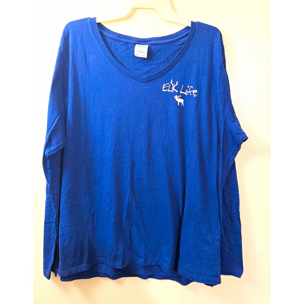 Port & Company Women's 2XL Blue V-Neck Long Sleeve Graphic Elk Cotton Tee